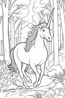 Unicornio en el bosque como plantilla para colorear