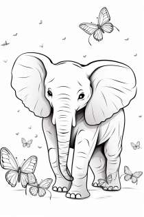 Elefantti perhosilla värityskuvana