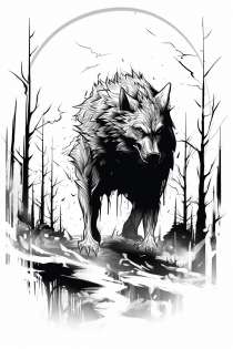 Wilkołak w mglistym lesie jako kolorowanka