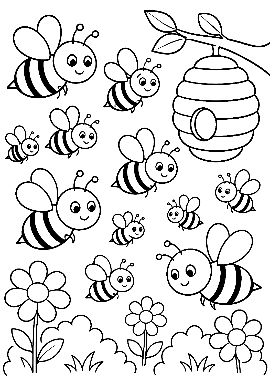 Bienenschwarm als Malvorlage – Ausmalbild zum Ausdrucken