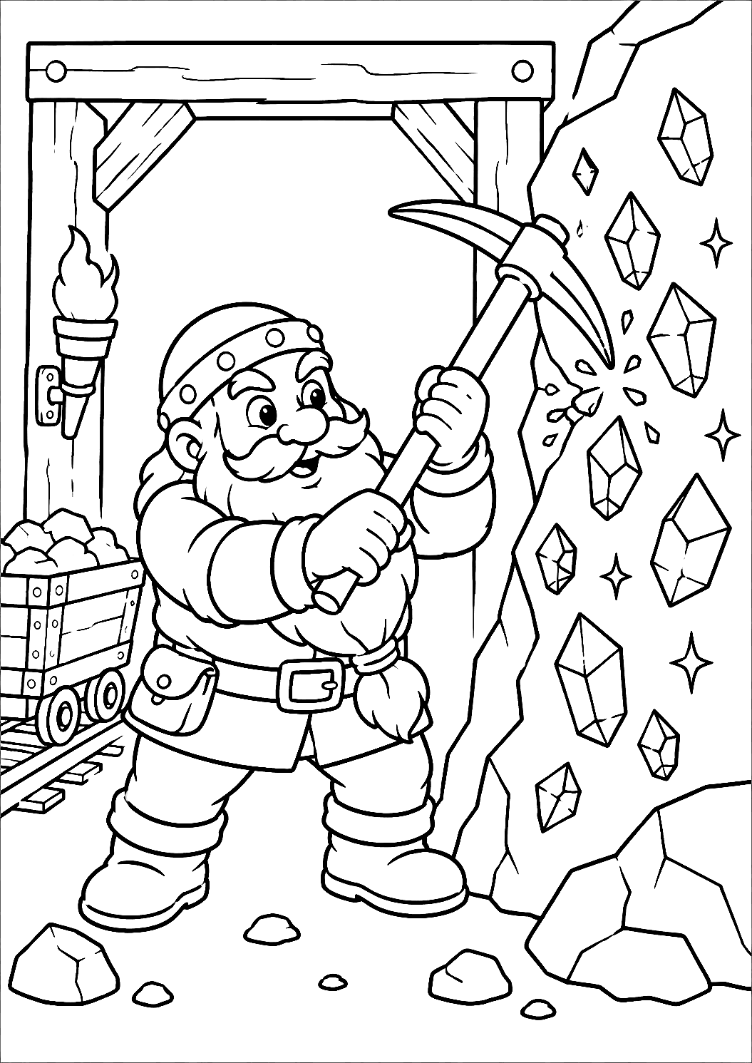 Dwarf with Pickaxe in the Mine Coloring Page – printable coloring page