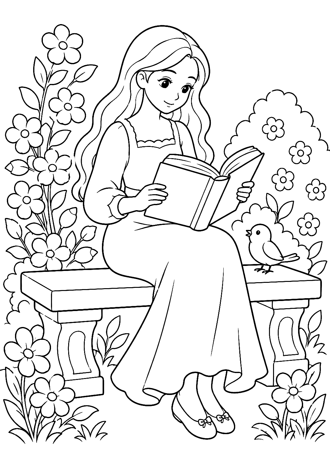 Belle liest ein Buch im Garten als Malvorlage – Ausmalbild zum Ausdrucken