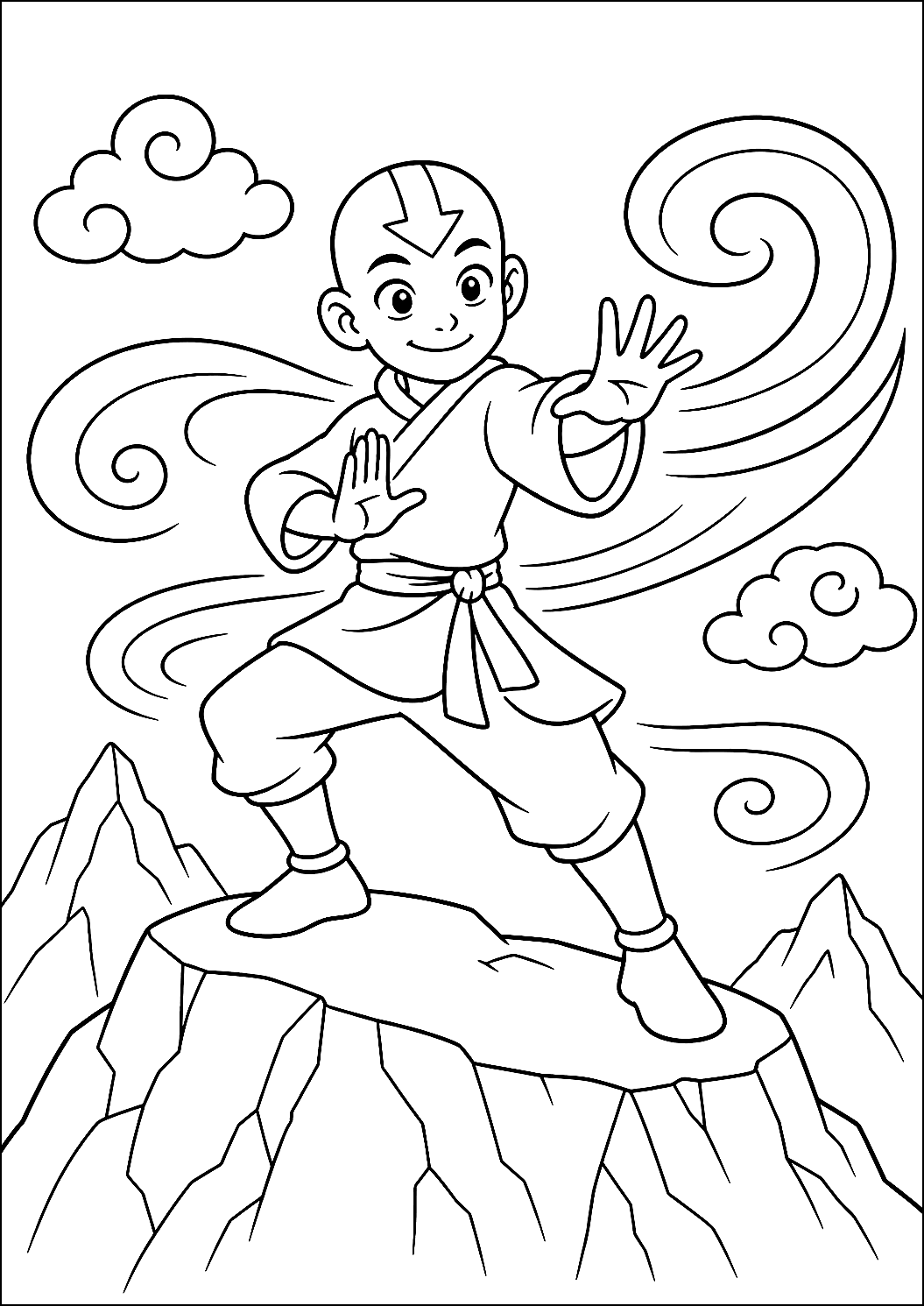 Aang haciendo Airbending en la cima de una montaña para colorear – dibujo para colorear e imprimir
