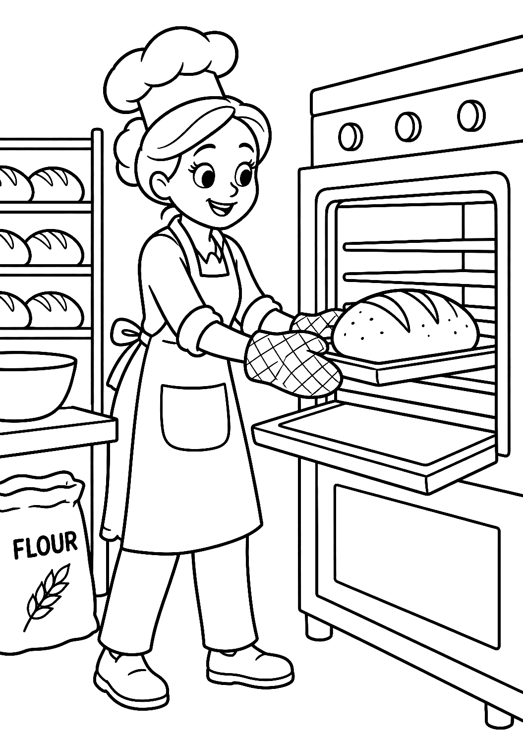 Bäckerin beim Brotbacken als Malvorlage – Ausmalbild zum Ausdrucken