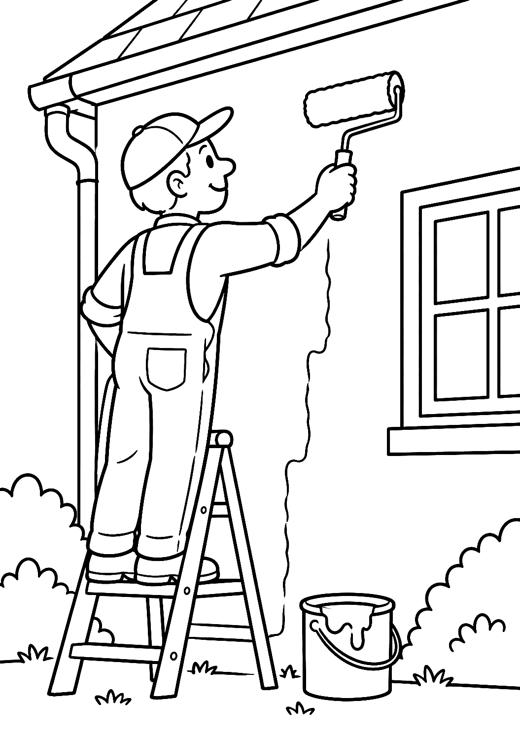 Maler beim Streichen einer Hauswand als Malvorlage – Ausmalbild zum Ausdrucken
