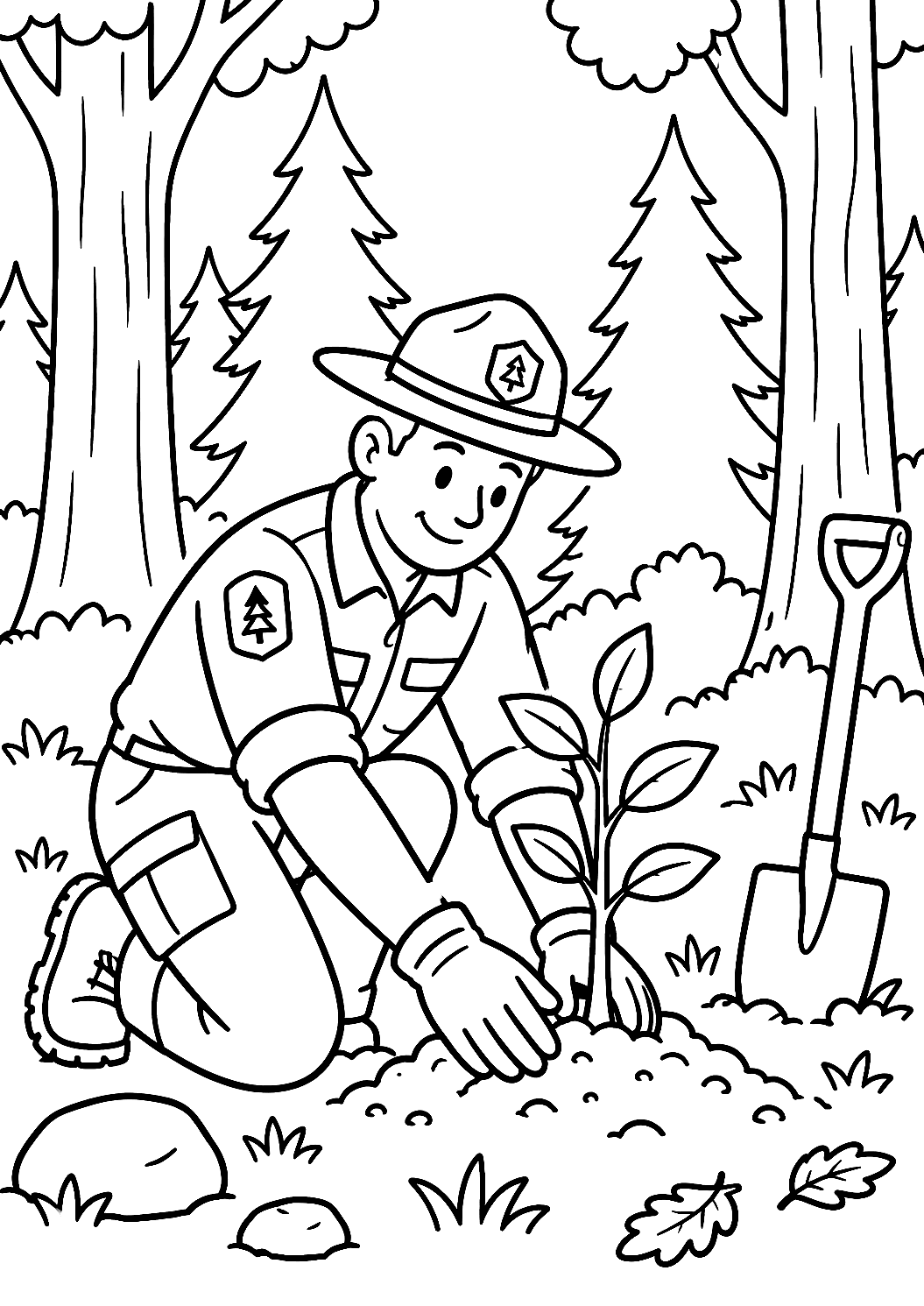 Förster beim Bäumepflanzen im Wald als Malvorlage – Ausmalbild zum Ausdrucken