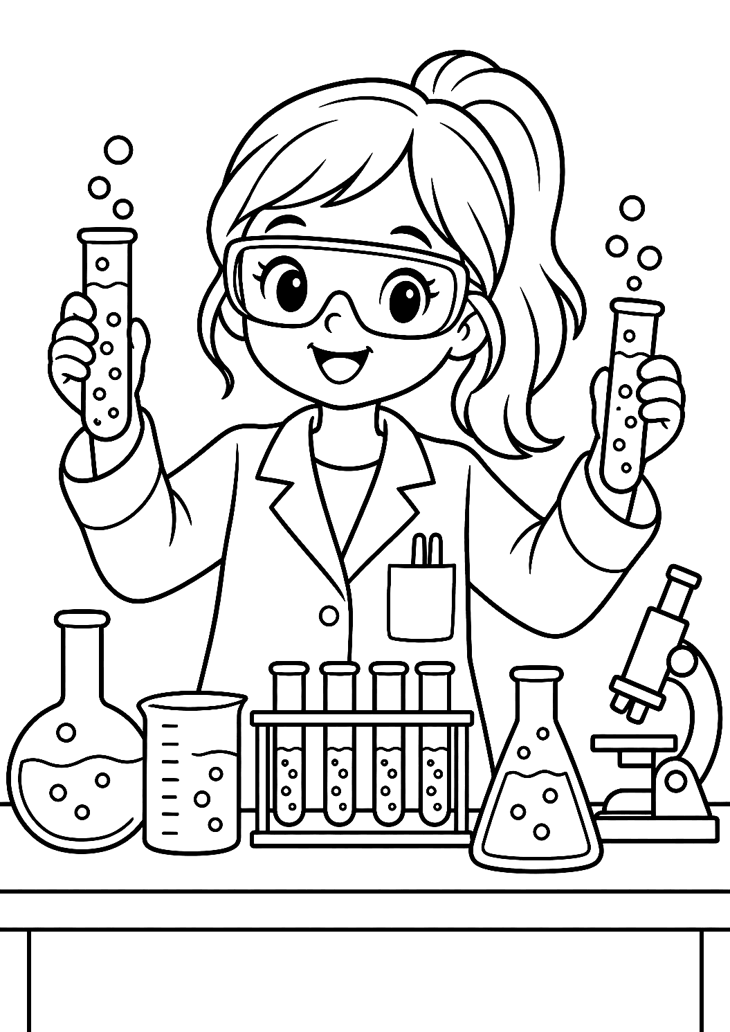 Chemikerin im Labor mit Reagenzgläsern als Malvorlage – Ausmalbild zum Ausdrucken