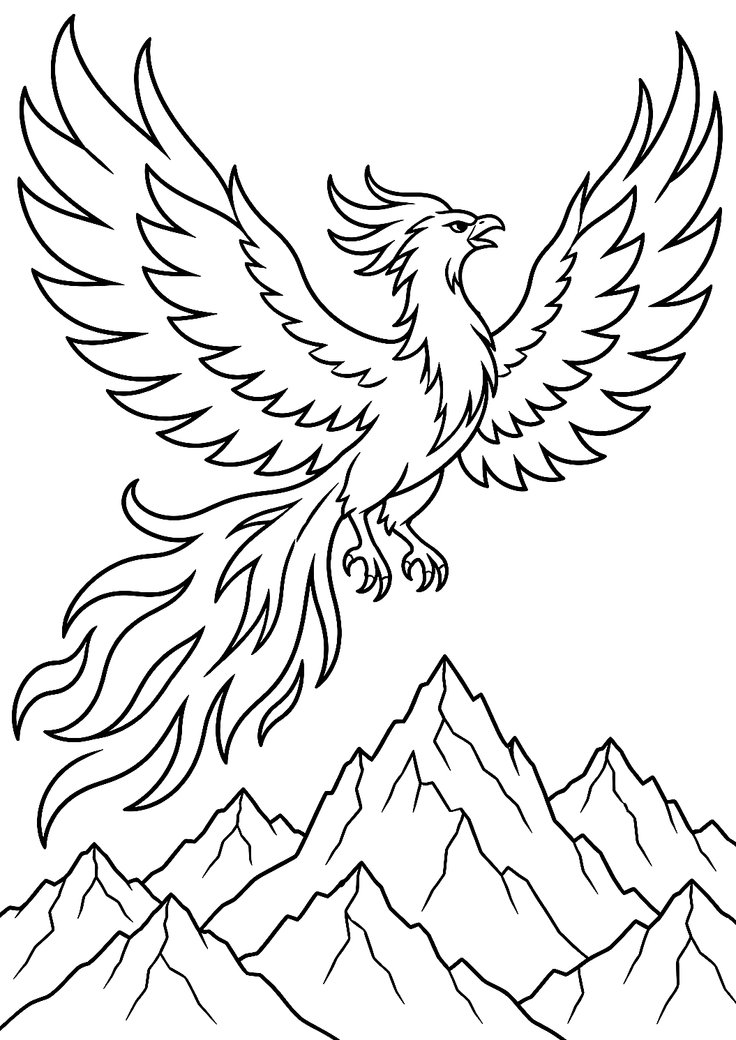 Phoenix in Flight Over Mountains Coloring Page – printable coloring page