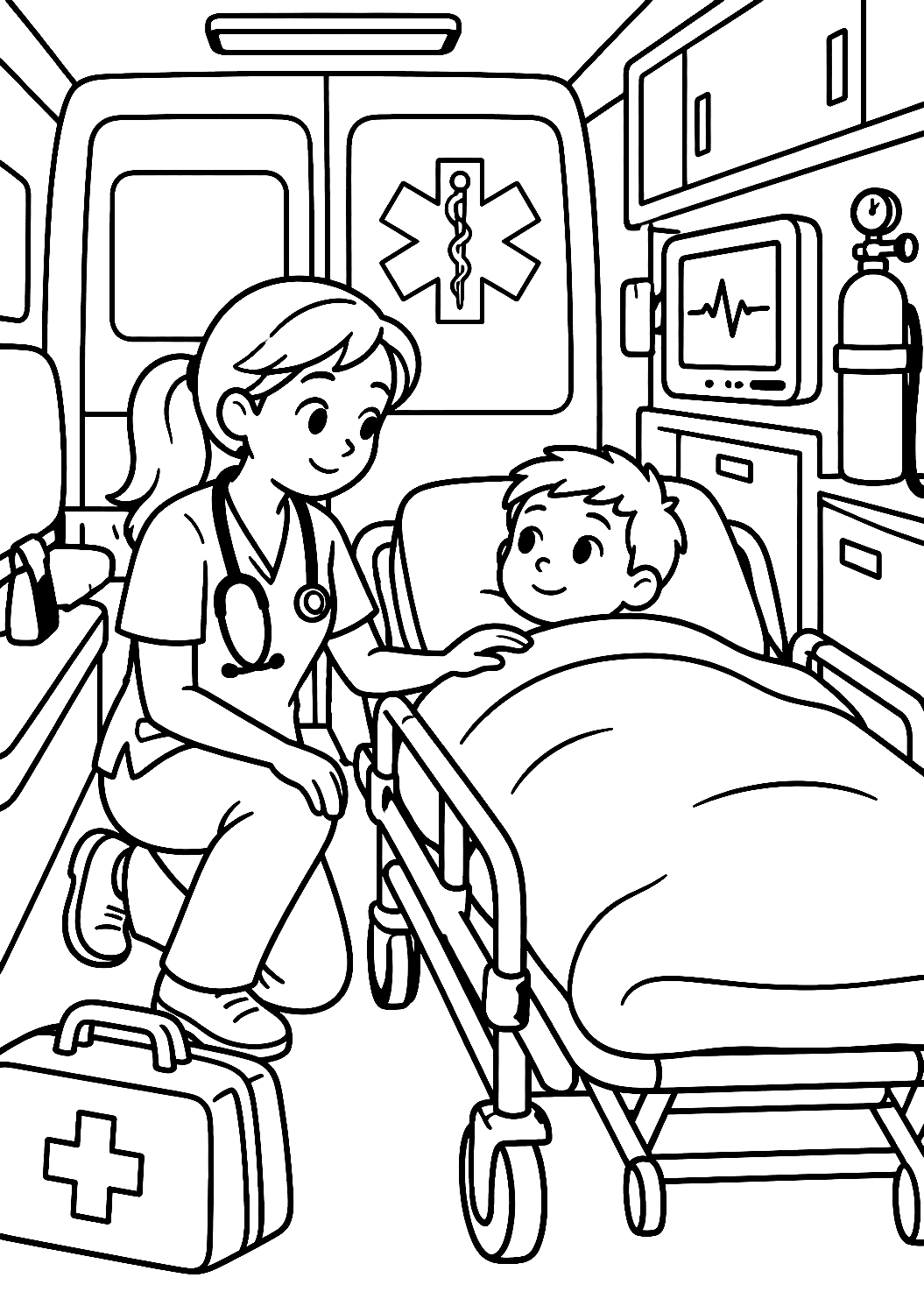 Enfermera en la Ambulancia para colorear – dibujo para colorear e imprimir