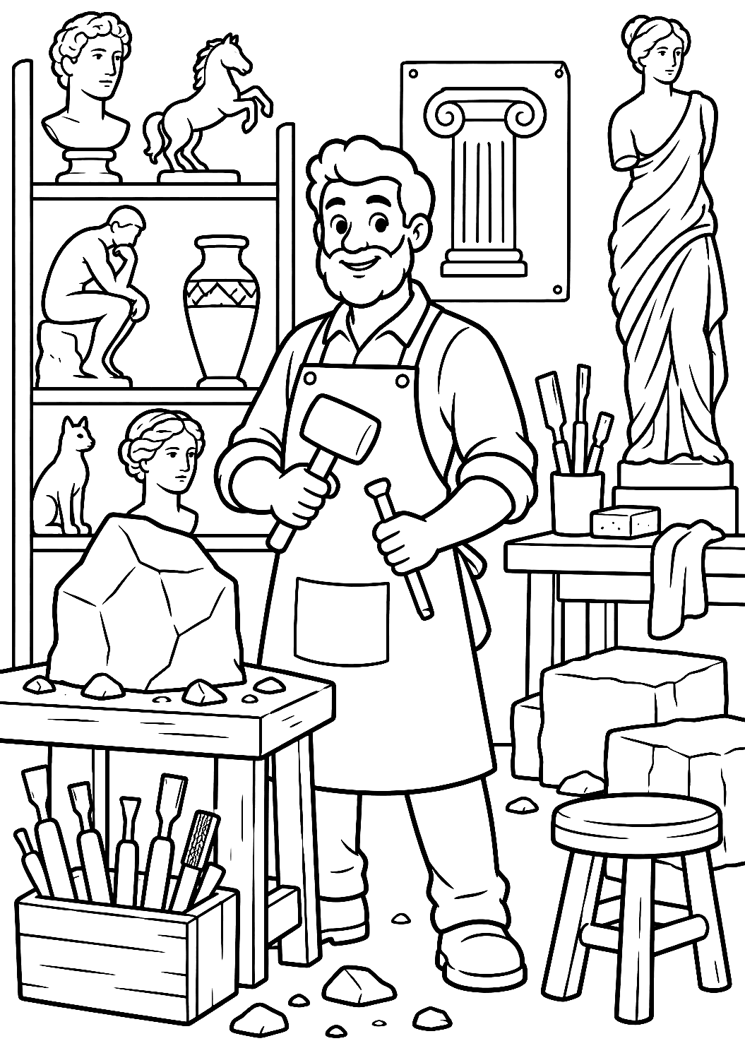 Sculptor in His Workshop Coloring Page – printable coloring page