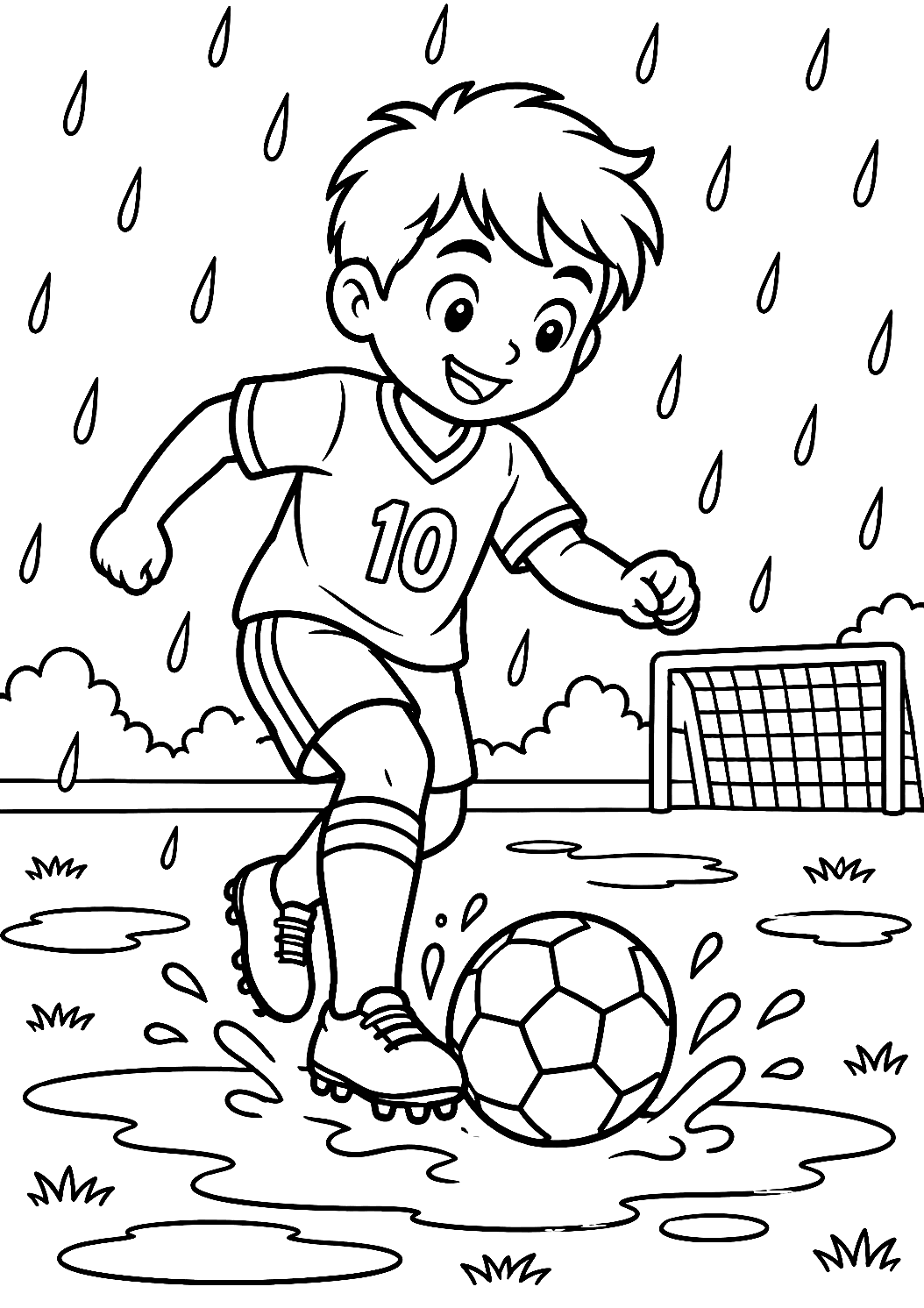 雨の中ドリブルするサッカー選手のぬりえ – 印刷用ぬりえ