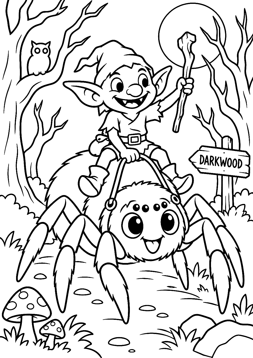 Lutin sur une araignée à colorier – coloriage à imprimer