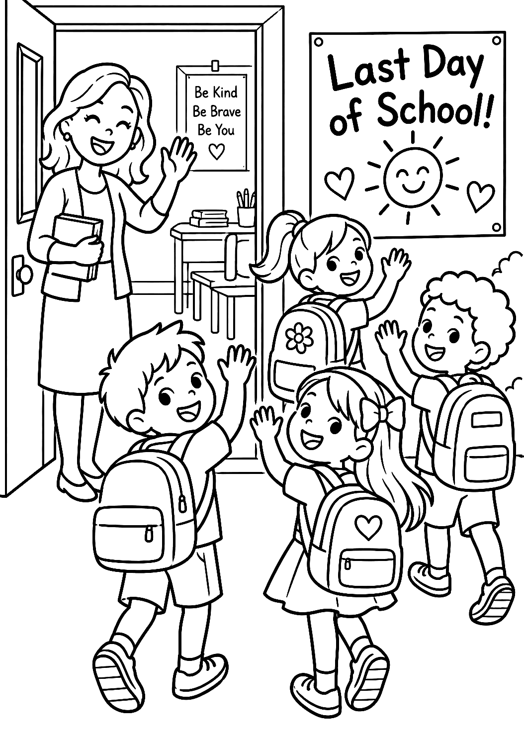 Abschied vom Lehrer am letzten Schultag als Malvorlage – Ausmalbild zum Ausdrucken