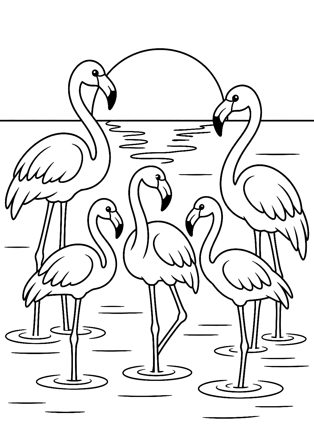 Vol de Flamants Roses au Coucher du Soleil à Colorier – coloriage à imprimer
