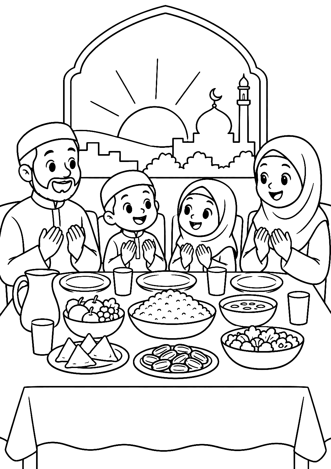 Familie ved iftar som fargeleggingsark – fargeleggingsark for utskrift