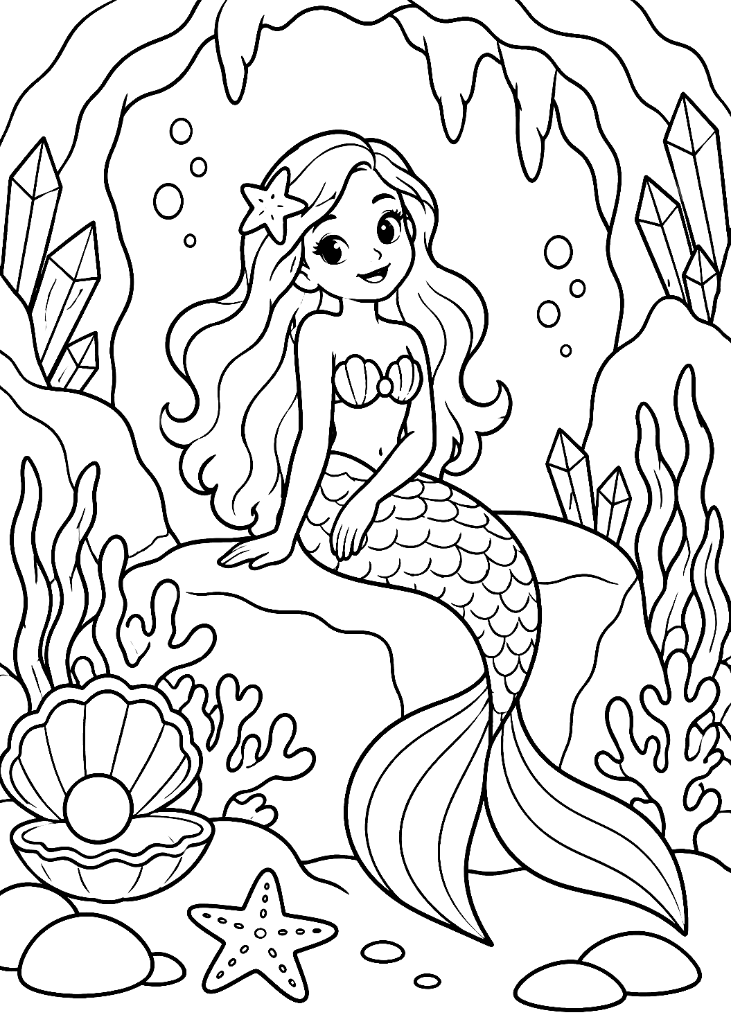 Sereia numa gruta submarina para colorir – desenho para colorir para imprimir