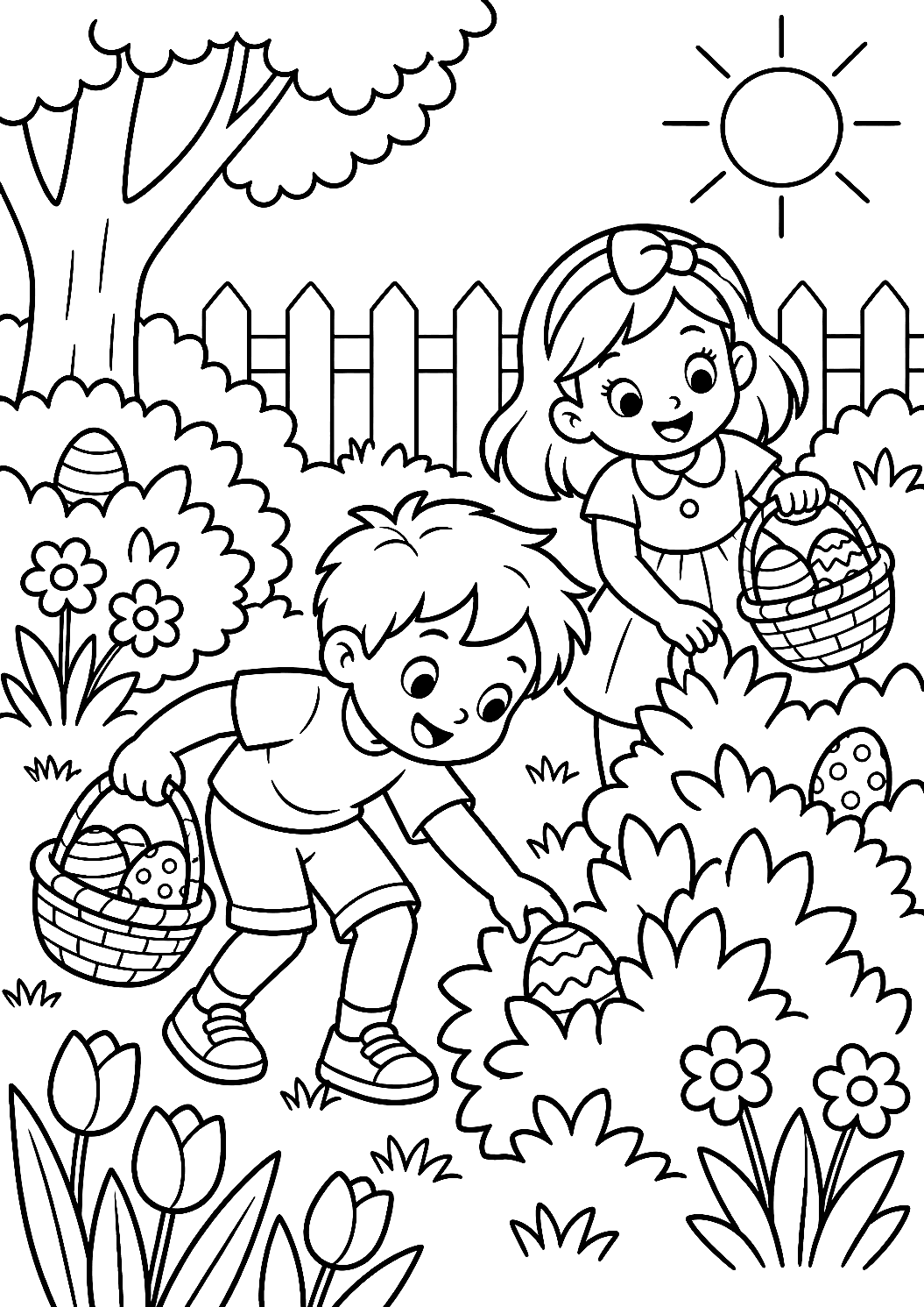 Niños en la búsqueda de huevos de Pascua en el jardín para colorear – dibujo para colorear e imprimir