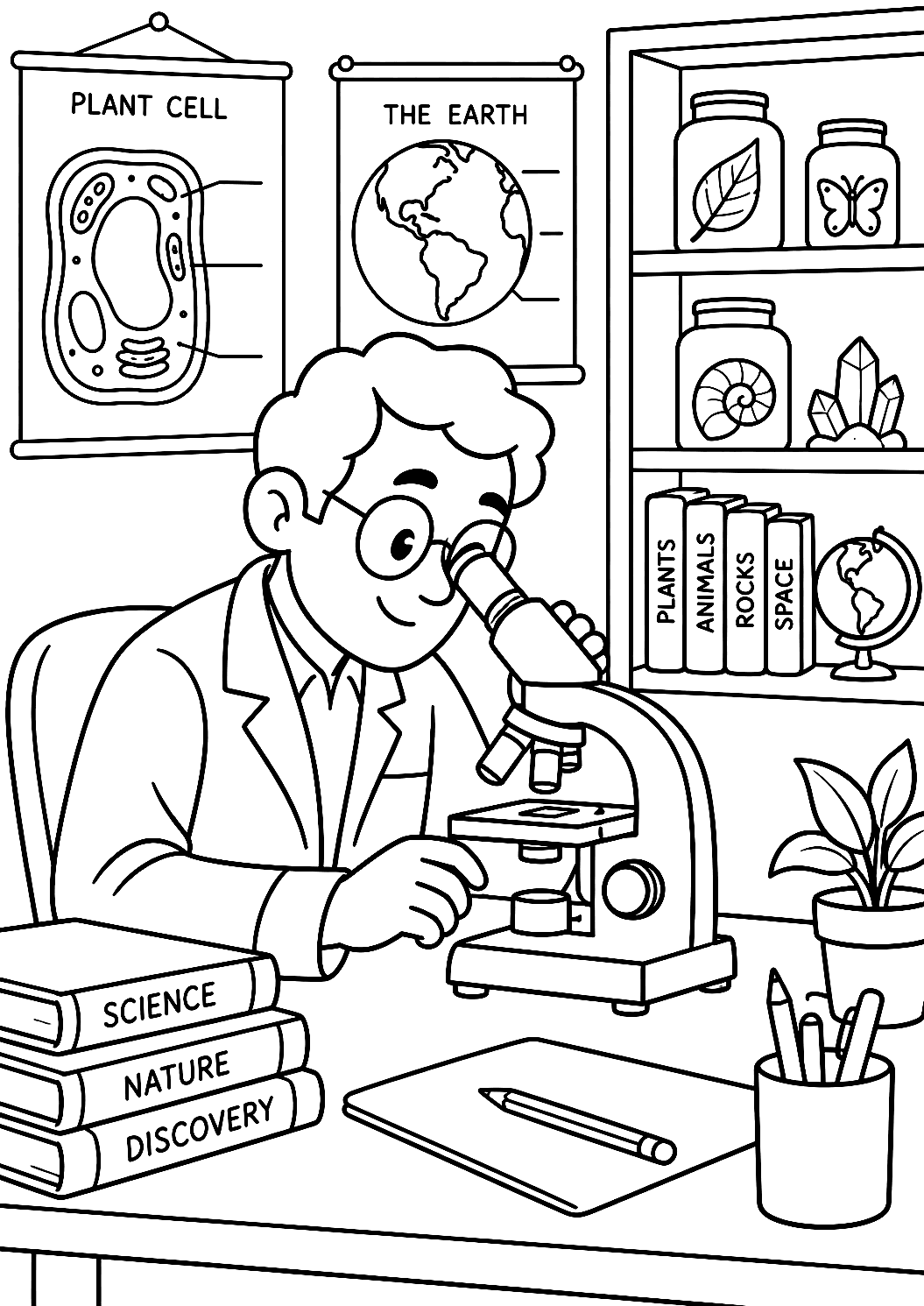 Scientist with Microscope in the Classroom Coloring Page – printable coloring page