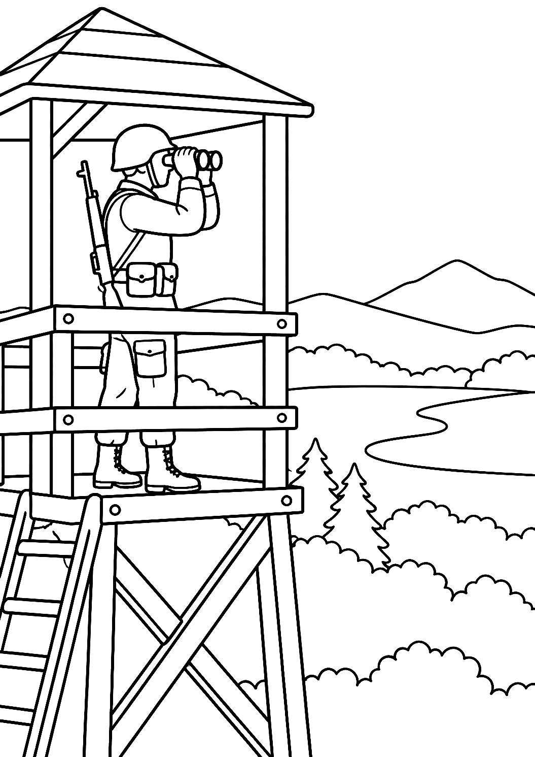 Soldier with Binoculars on the Watchtower Coloring Page – printable coloring page