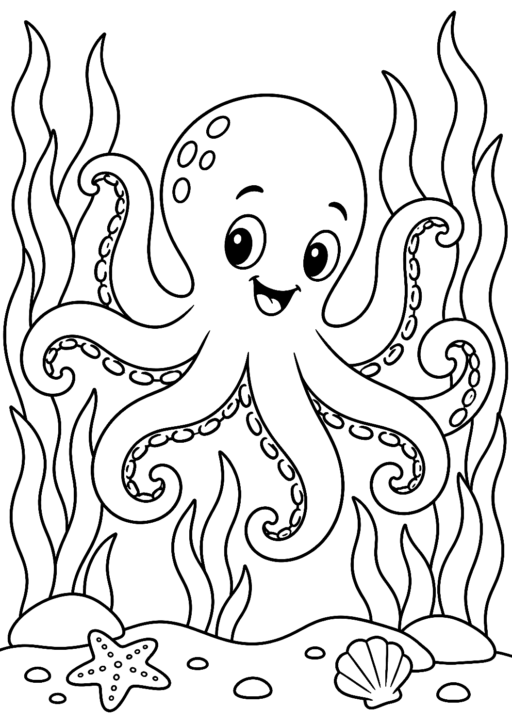 Oktopus zwischen Seetang als Malvorlage – Ausmalbild zum Ausdrucken
