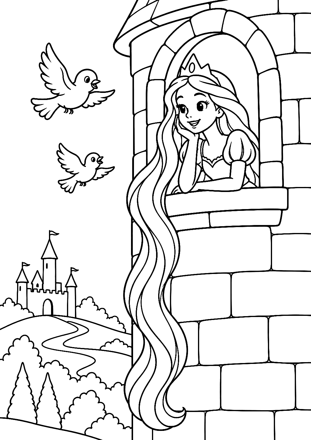 Princesa en la torre para colorear – dibujo para colorear e imprimir