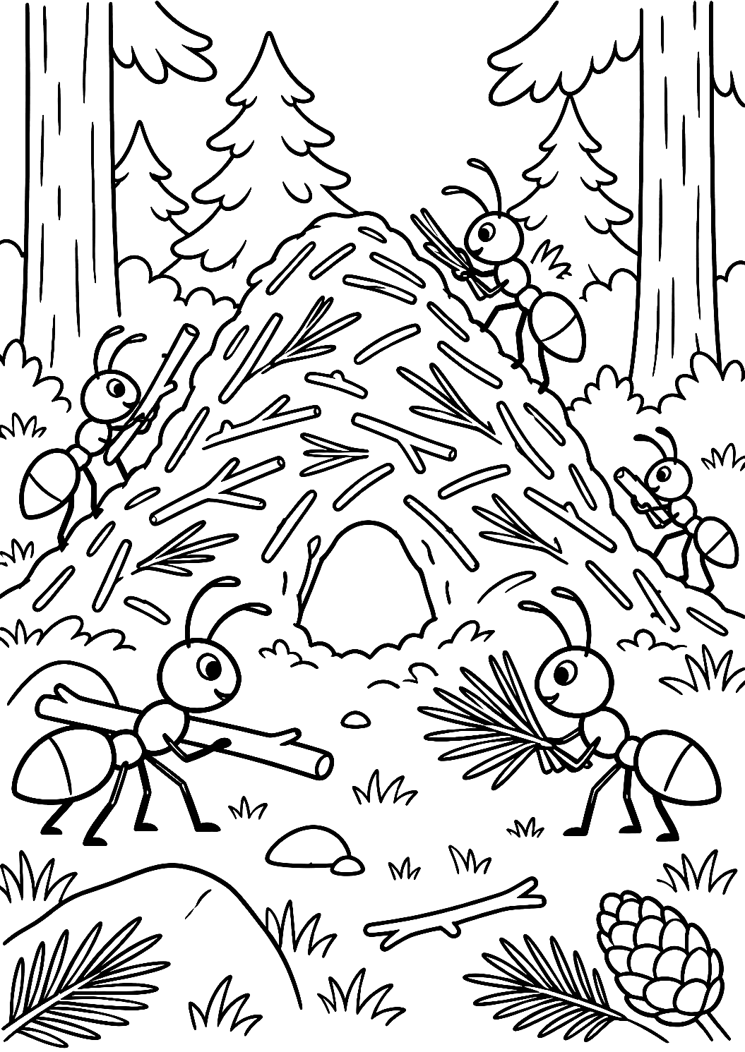 Formigas da floresta a trabalhar para colorir – desenho para colorir para imprimir