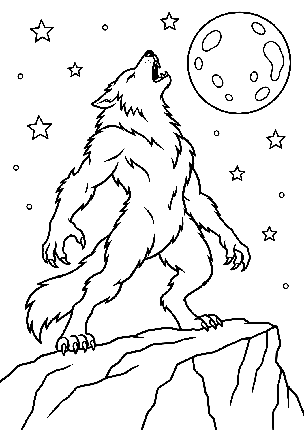 Werwolf heult auf einem Felsen als Malvorlage – Ausmalbild zum Ausdrucken