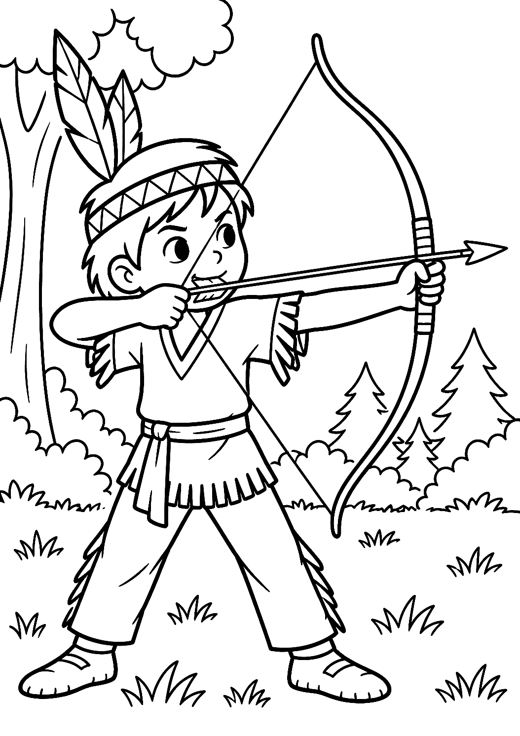 Disegno da colorare del bambino indiano che tira con l'arco – disegno da colorare da stampare