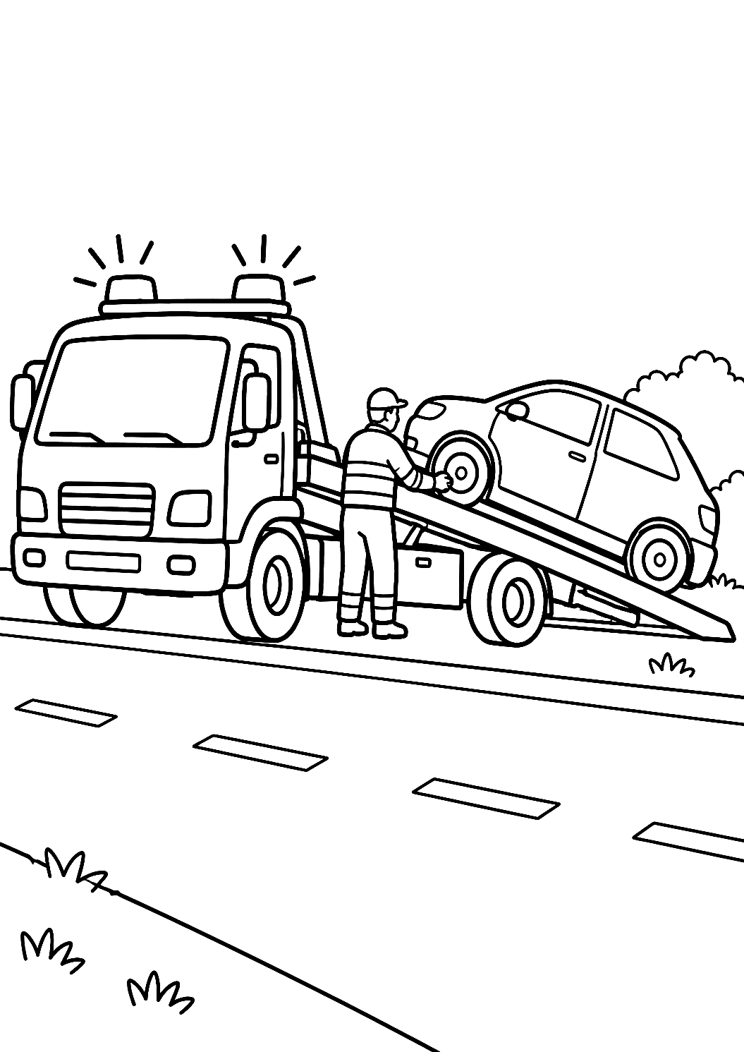 レッカー車が故障した車を運ぶ – ぬりえ – 印刷用ぬりえ