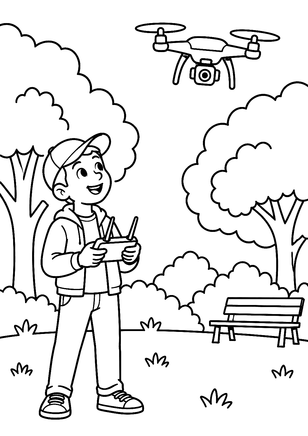 Photographe avec drone dans le parc à colorier – coloriage à imprimer