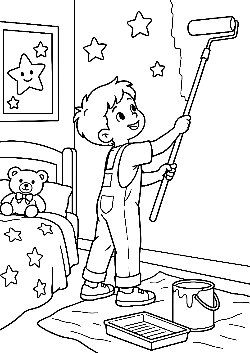 Niño Pintor con Rodillo en la Habitación Infantil para Colorear – dibujo para colorear e imprimir