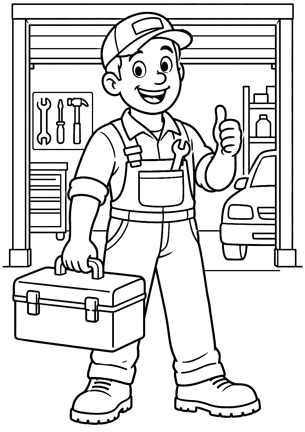 Coloriage d’un mécanicien avec une boîte à outils devant le garage – coloriage à imprimer