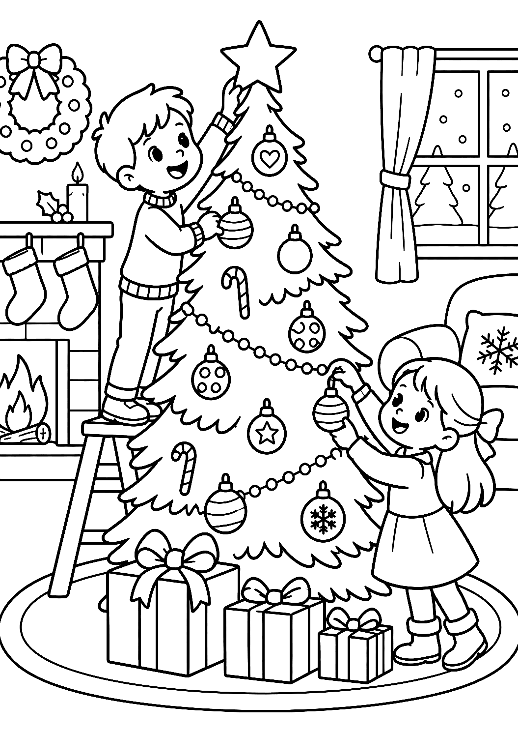 Bambini Decorano l'Albero di Natale da Colorare – disegno da colorare da stampare