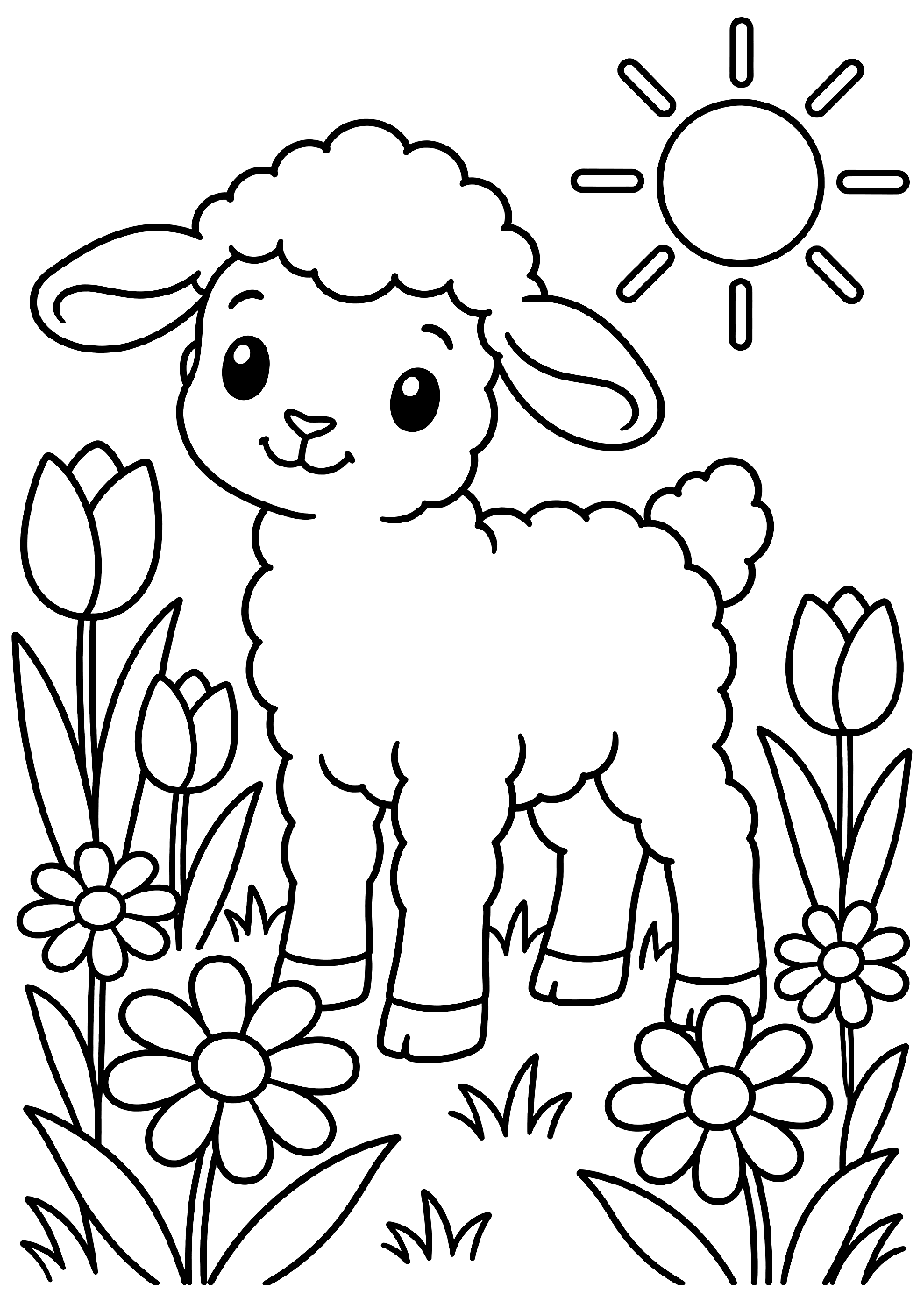 Agnello pasquale nel prato fiorito da colorare – disegno da colorare da stampare