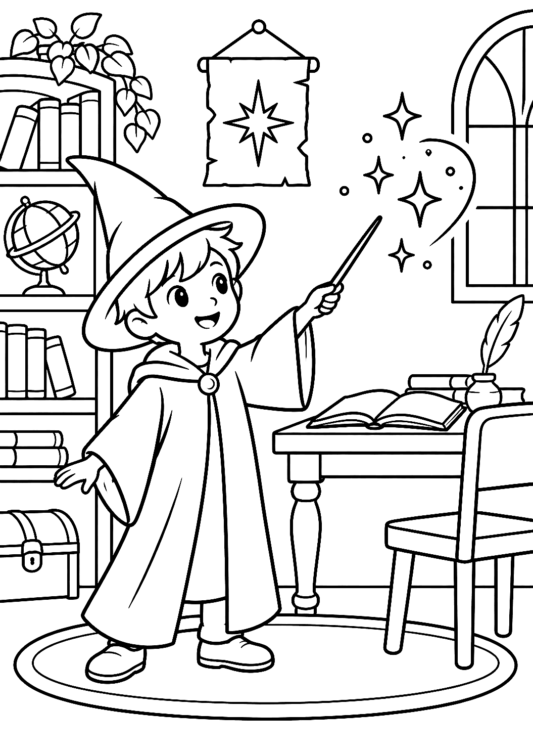 Young Wizard's Apprentice Practicing His Wand Coloring Page – printable coloring page