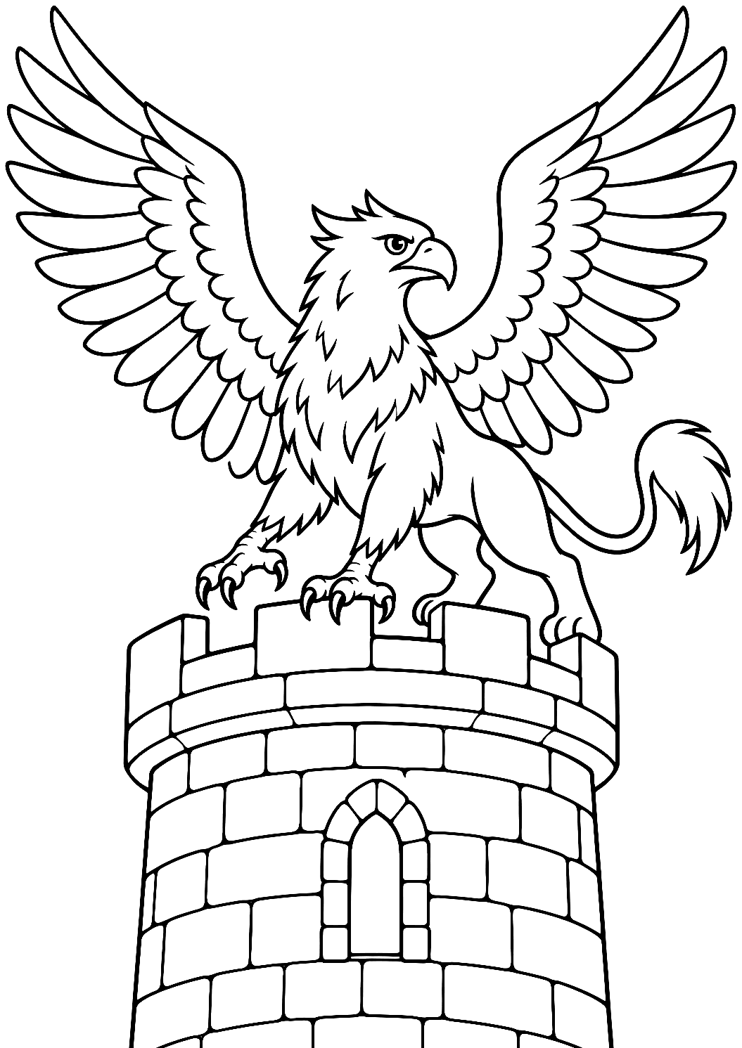 Un grifo aterriza en una torre para colorear – dibujo para colorear e imprimir