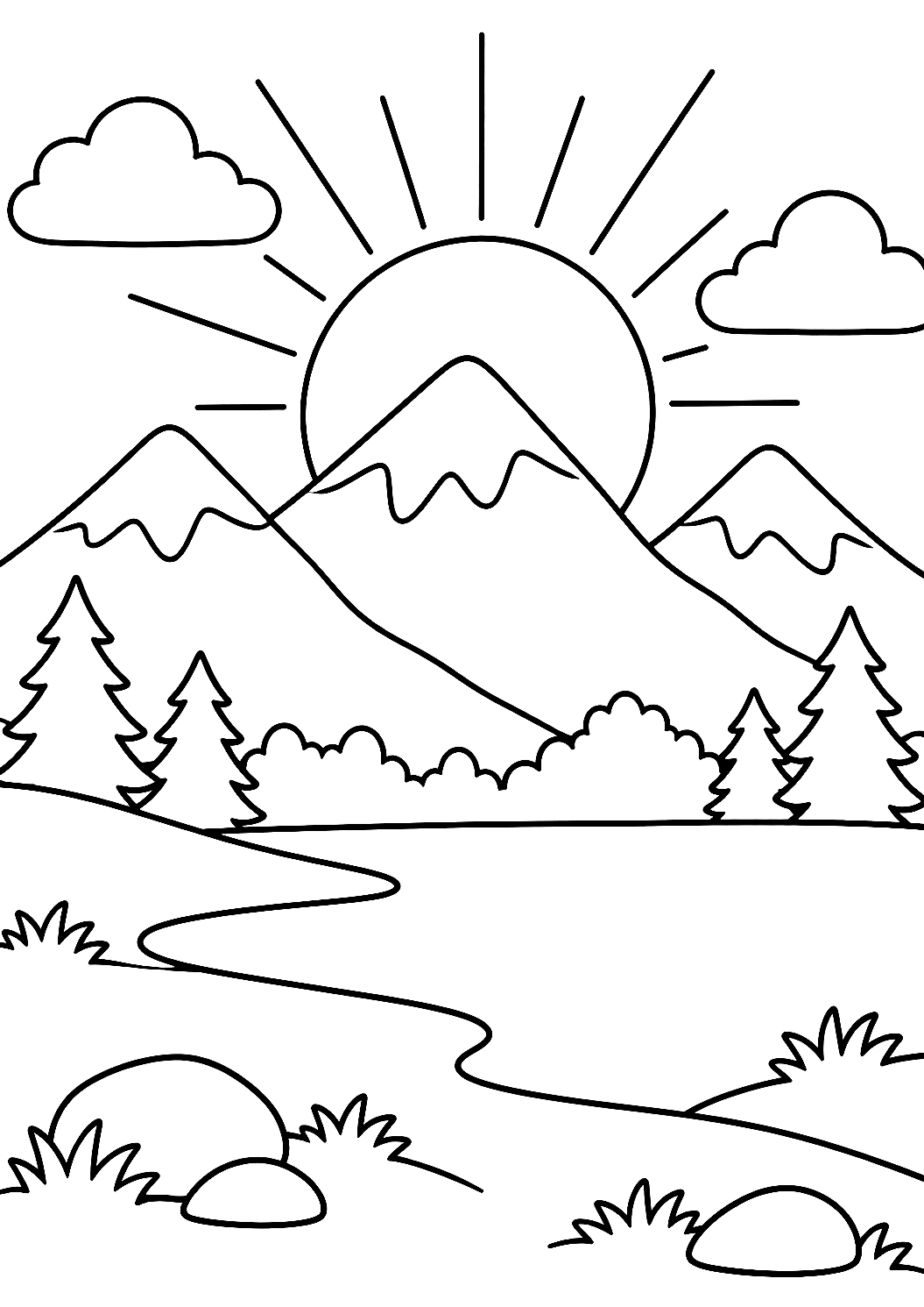 Lever de soleil sur les montagnes à colorier – coloriage à imprimer