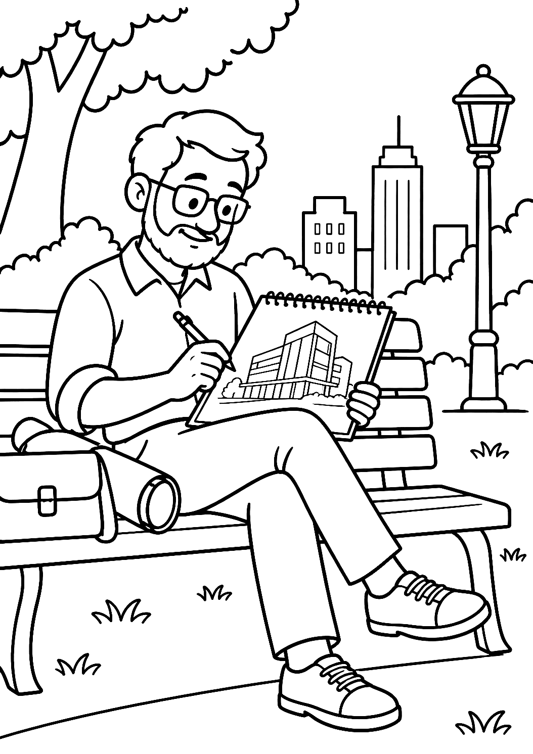 Architetto che disegna nel parco da colorare – disegno da colorare da stampare