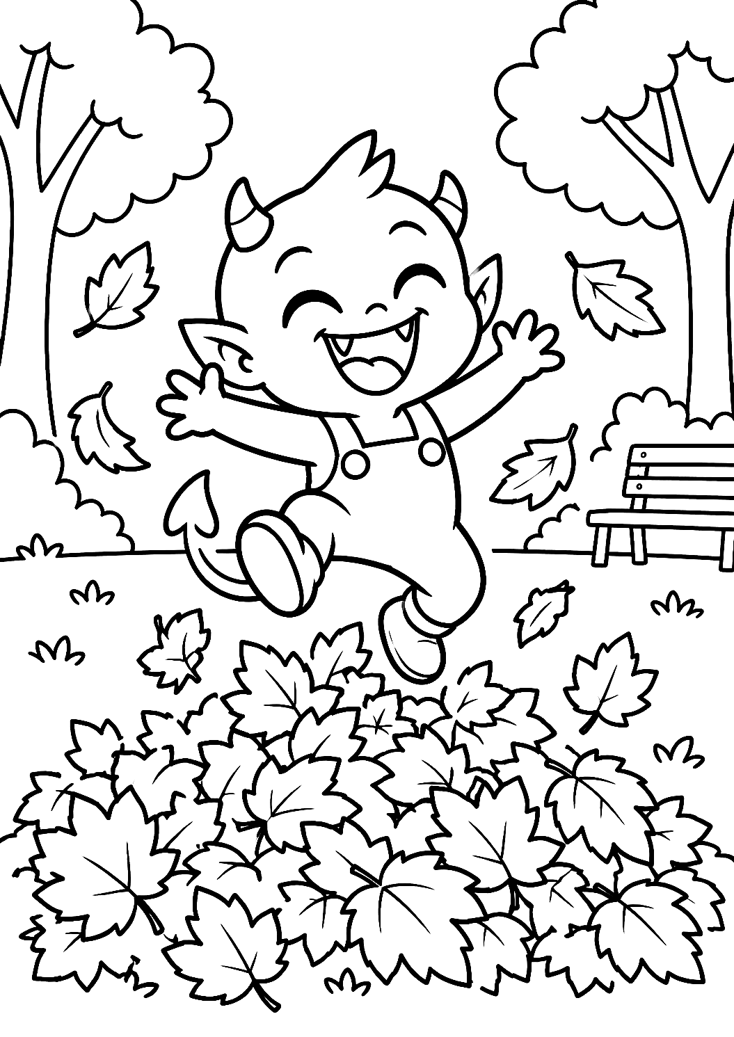 Petit démon qui joue dans les feuilles d'automne à colorier – coloriage à imprimer
