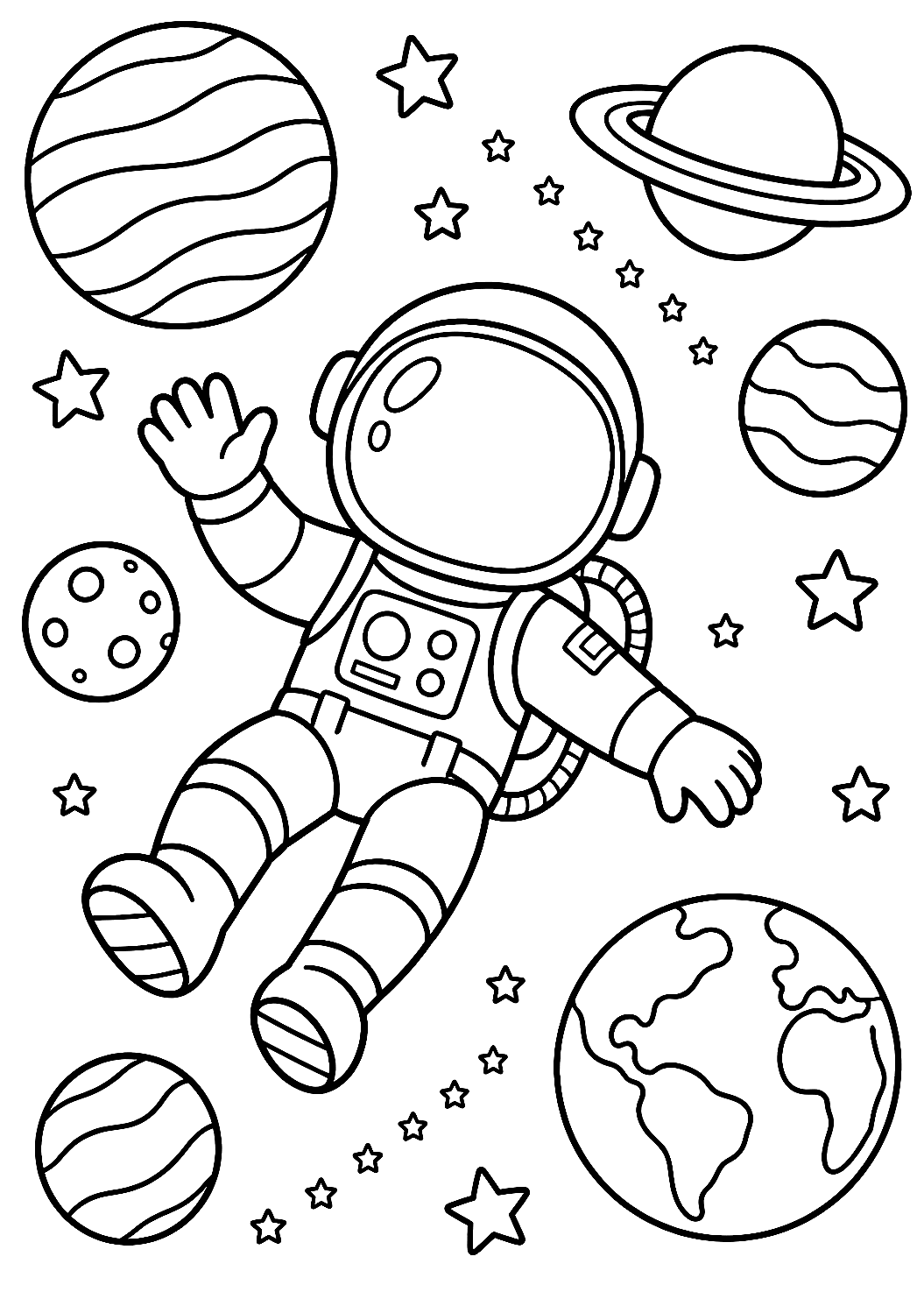 宇航员漂浮在行星之间涂色页 – 可打印的涂色图