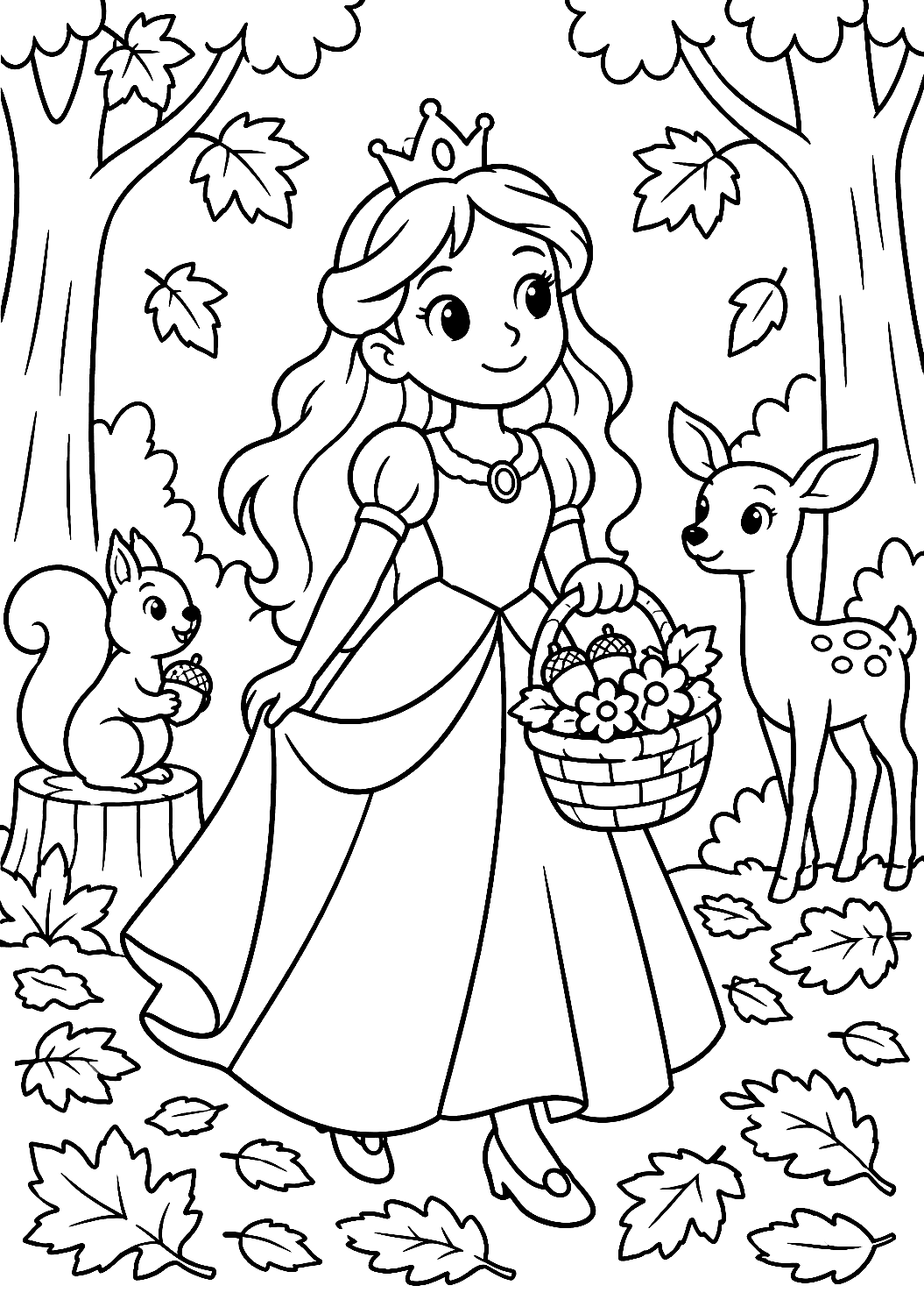 Prinses in het herfstbos als kleurplaat – kleurplaat om af te drukken