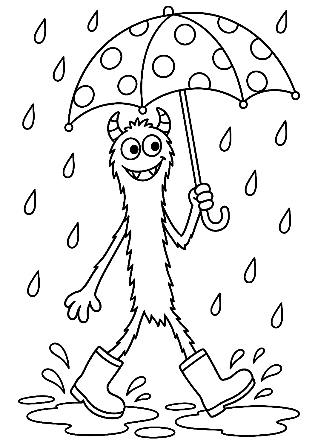 Monstruo con paraguas bajo la lluvia para colorear – dibujo para colorear e imprimir