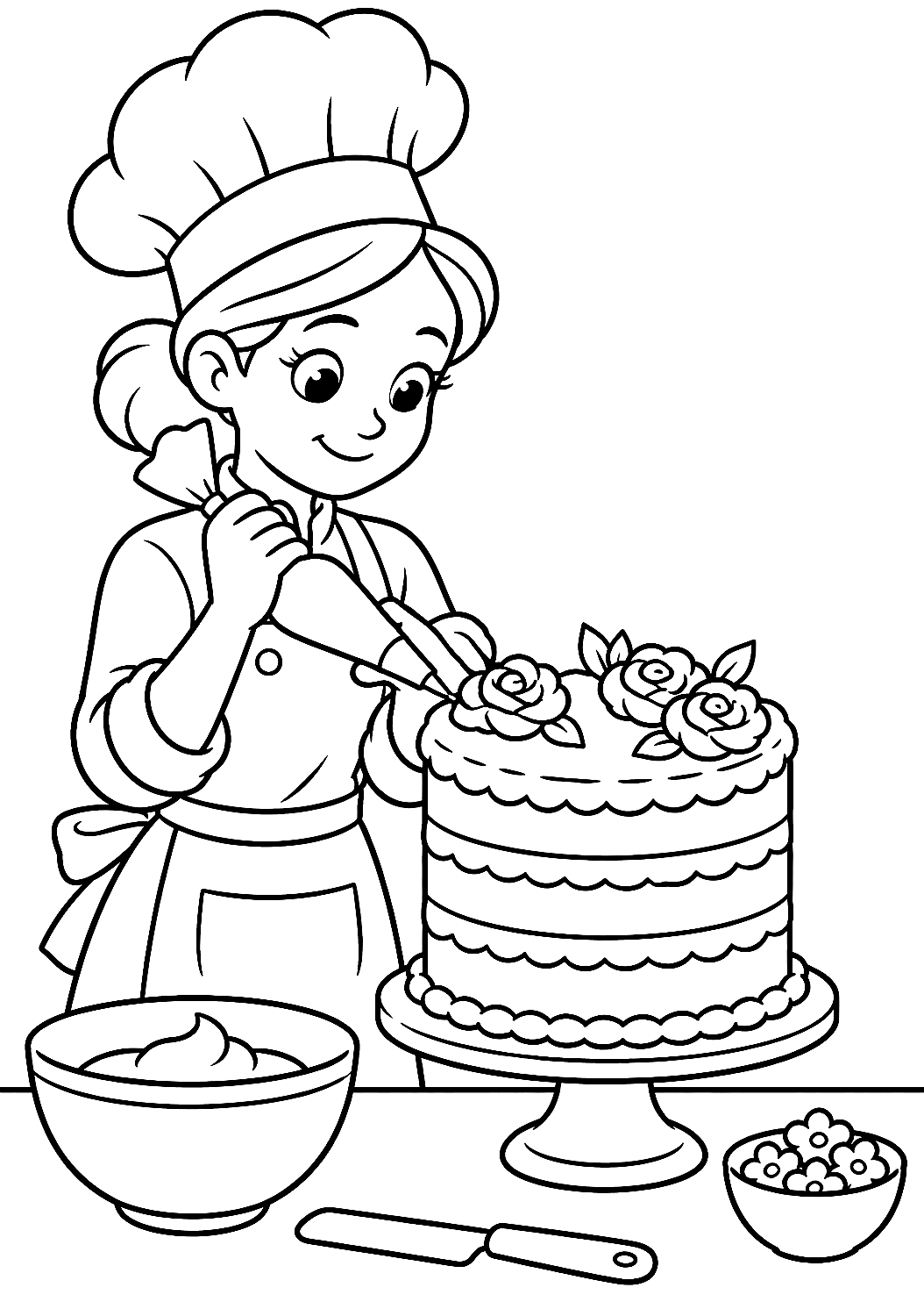 Cuisinier décorant un gâteau à colorier – coloriage à imprimer