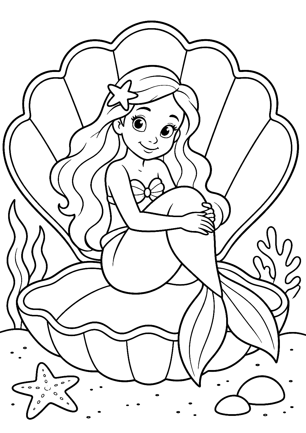 Sereia numa concha para colorir – desenho para colorir para imprimir