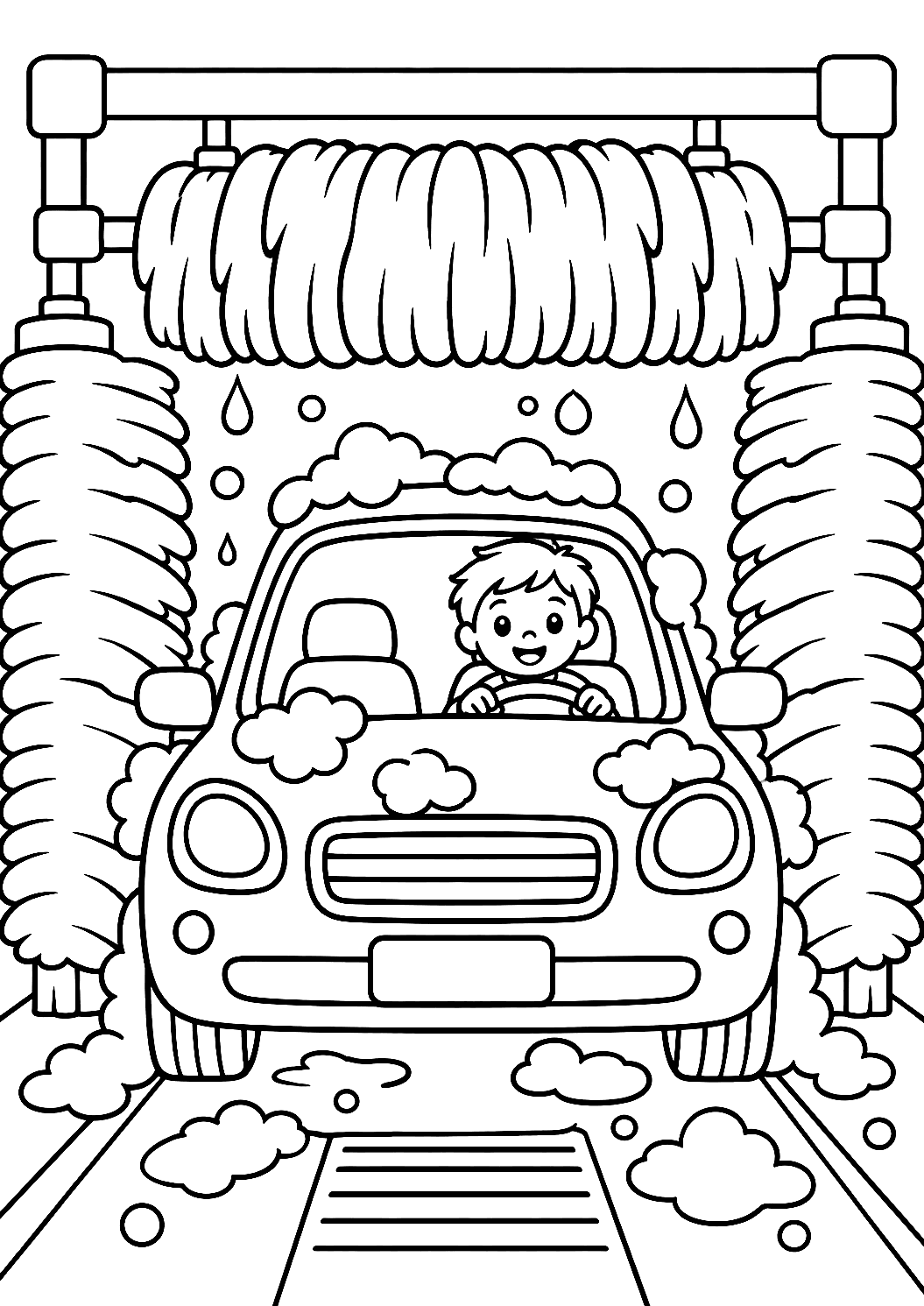 Auto in der Waschanlage als Malvorlage – Ausmalbild zum Ausdrucken