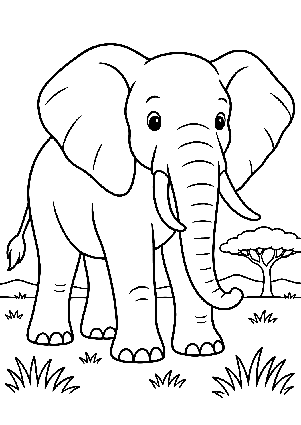 Elefant auf der Savanne als Malvorlage – Ausmalbild zum Ausdrucken