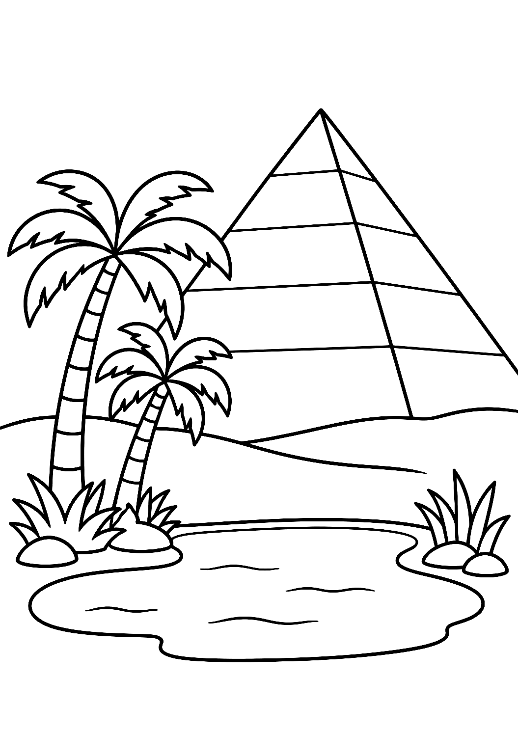 Pyramidi palmuineen ja keitaineen värityskuvana – tulostettava värityskuva