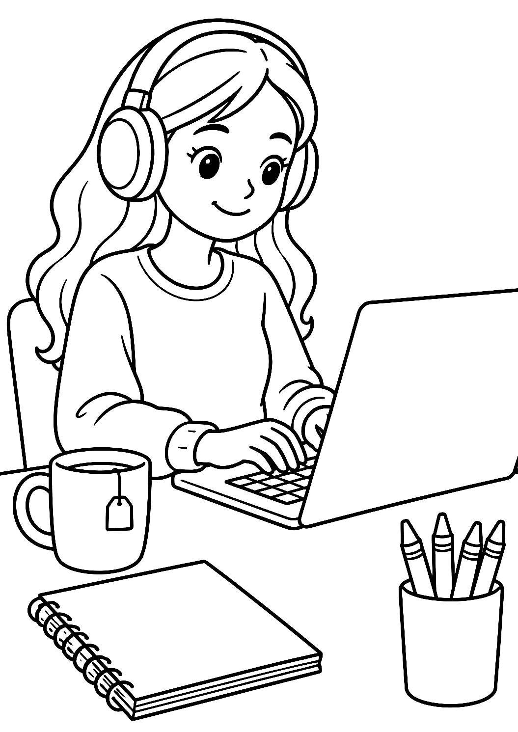 Programmeur met koptelefoon achter de laptop als kleurplaat – kleurplaat om af te drukken