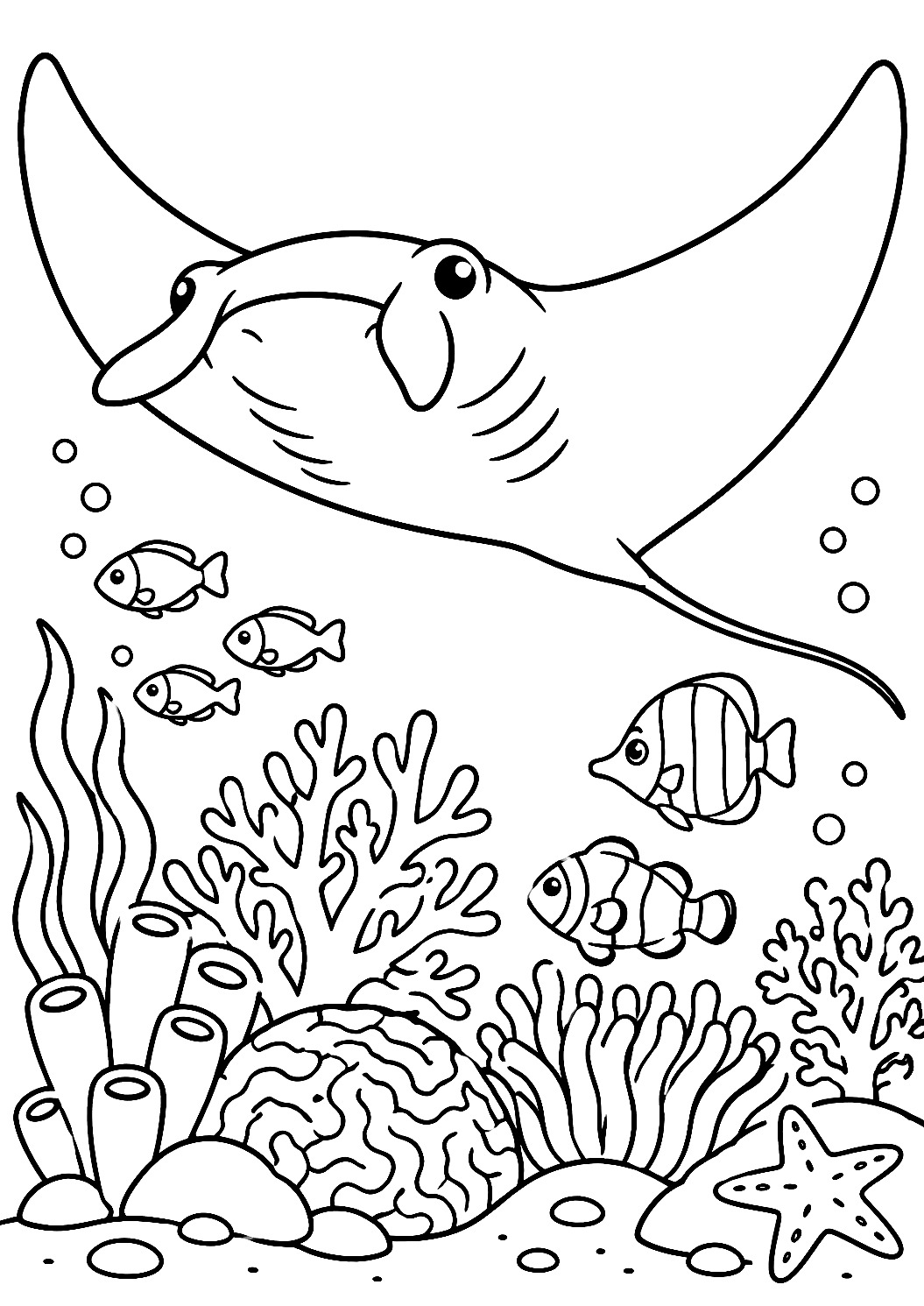 Ray Gliding Over the Reef Coloring Page – printable coloring page