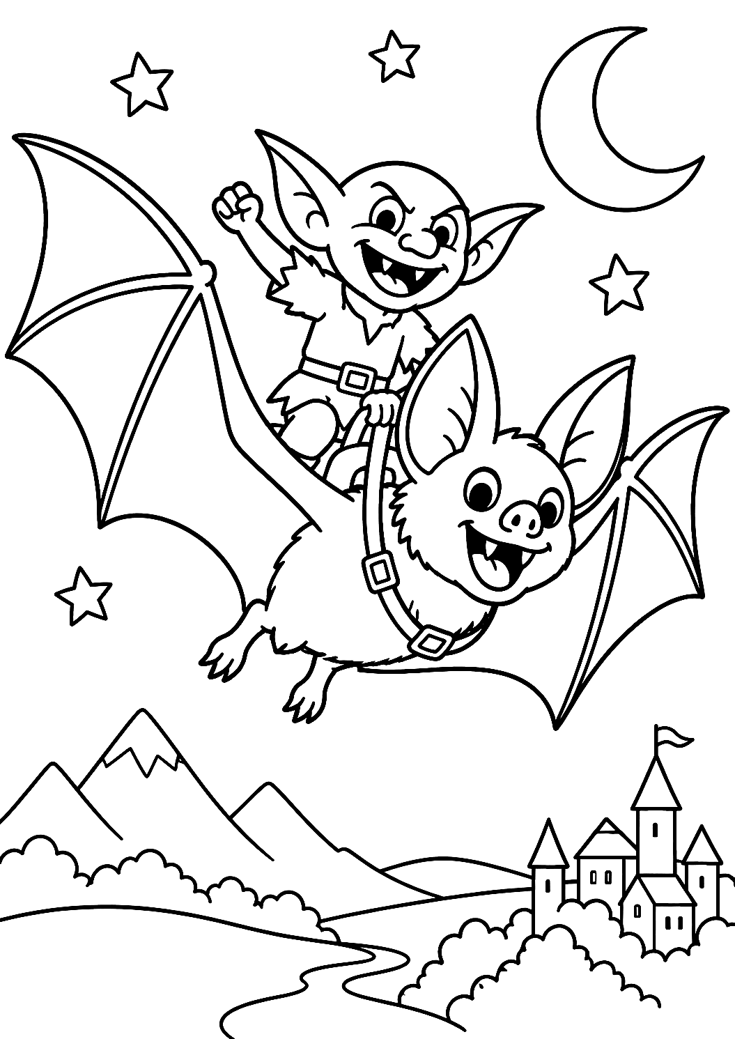 Folletto in Groppa a un Pipistrello da Colorare – disegno da colorare da stampare